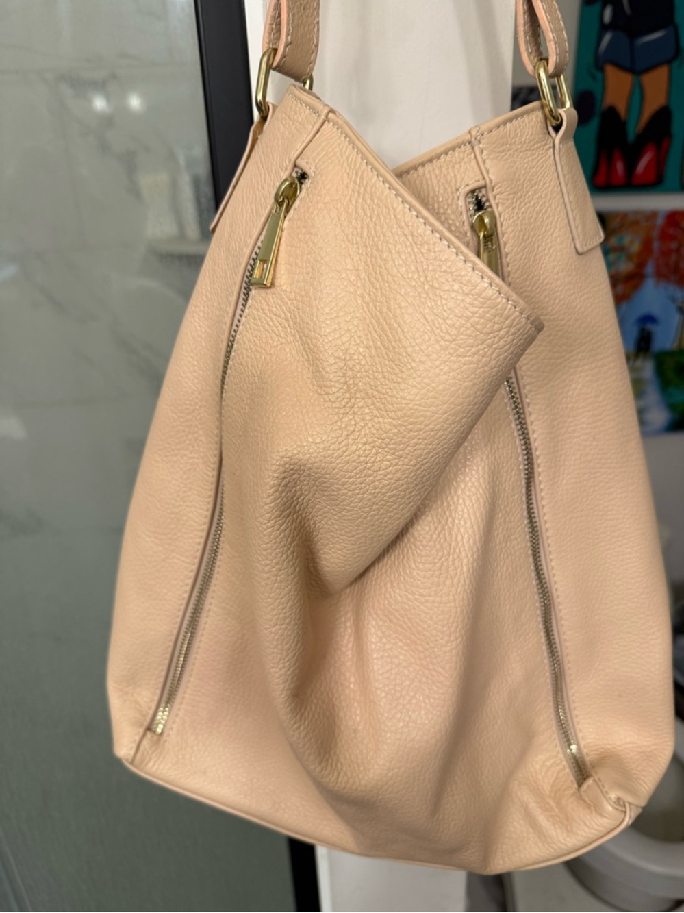Pebbled Leather Hobo Bag in Light Beige